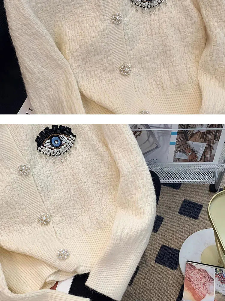 Embroidery Evil Eye Knit Cardigan Sweater Women Autumn Winter Long Sleeve Coat Tops High Quali Luxury Designer Brands Clothing