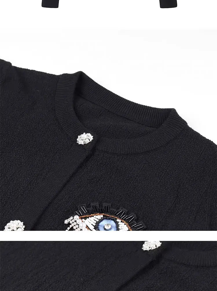 Embroidery Evil Eye Knit Cardigan Sweater Women Autumn Winter Long Sleeve Coat Tops High Quali Luxury Designer Brands Clothing