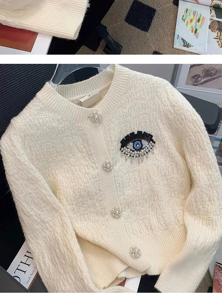 Embroidery Evil Eye Knit Cardigan Sweater Women Autumn Winter Long Sleeve Coat Tops High Quali Luxury Designer Brands Clothing